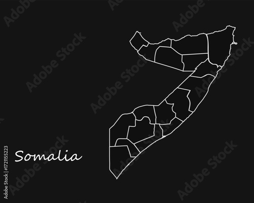 Somalia map regions white lines dark background Vector 