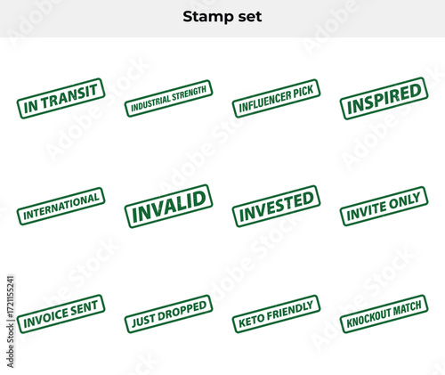 Green Rubber Stamp Set with Grunge Effect on White Background Transit, Keto
