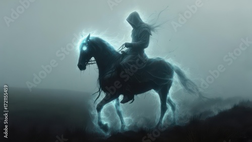 A spectral rider on a glowing steed through a misty landscape