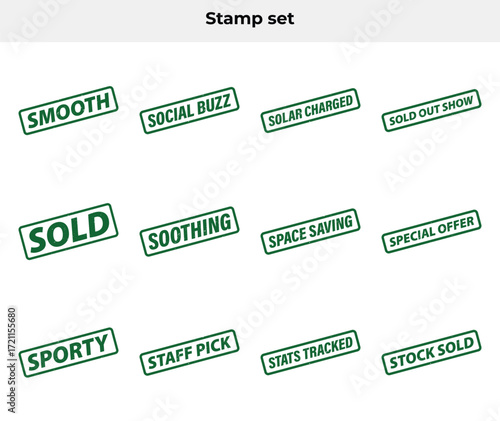Stamp Set With Green Grunge Effect Borders Featuring Phrases On White Background