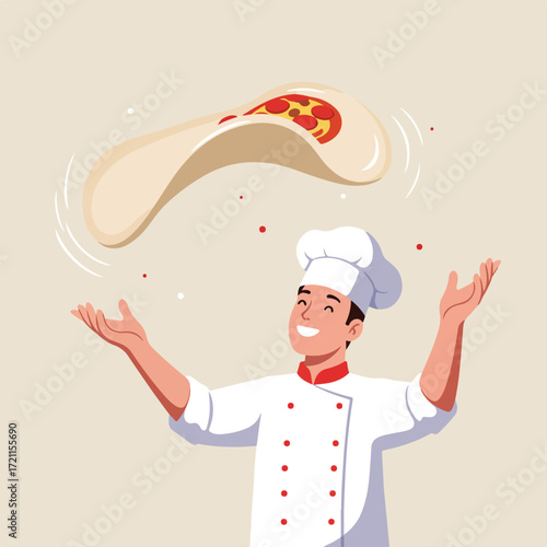 Smiling chef tossing pizza dough, red spots around