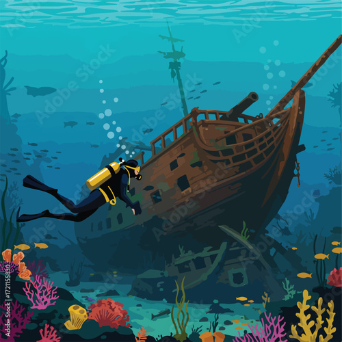 Diver explores sunken shipwreck amid colorful coral reefs in the deep blue sea