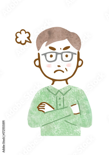 怒った表情とポーズのシニア男性の手描きイラスト（上半身）