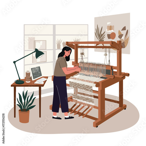 Woman weaves textile on loom in a room with plants and desk lamp