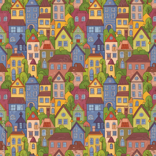 A vibrant and colorful village scene filled with charming houses and lush green trees.