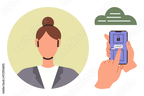 Womans face used for facial recognition, phone unlocks with fingerprint. Ideal for technology, security, data protection, digital identity, privacy, innovation authentication. Simple flat metaphor