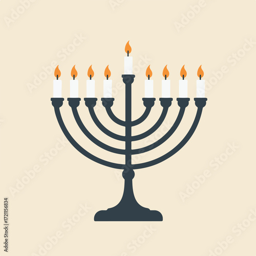 Hanukkah menorah with nine lit candles against a light beige background