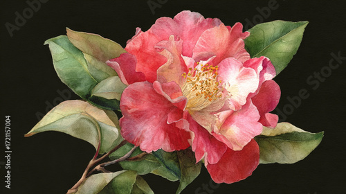 The image showcases a detailed depiction of a large, multi petaled blossom set against a solid background