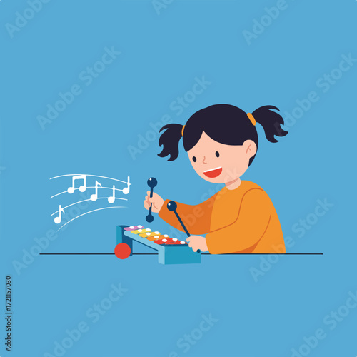 Cartoon girl plays xylophone, producing music notes on a solid blue background