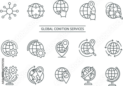 Global icon set, internet symbol, location pin, gear globe, network nodes, map marker, connectivity vector, UI graphic, tech design, international service