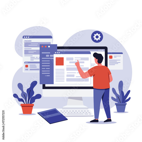 Web developer works on code on monitor, multiple screens and plants nearby