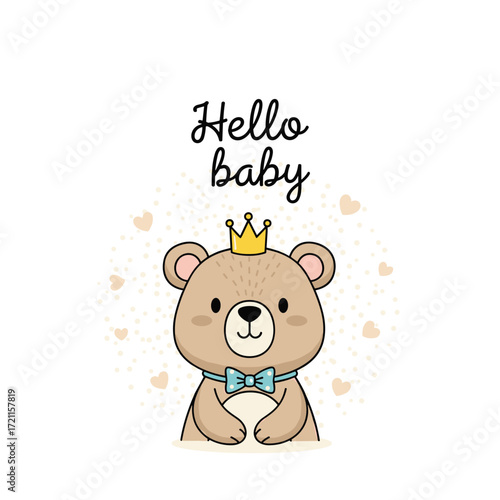 A cute teddy bear wearing a crown and bowtie for a baby celebration.