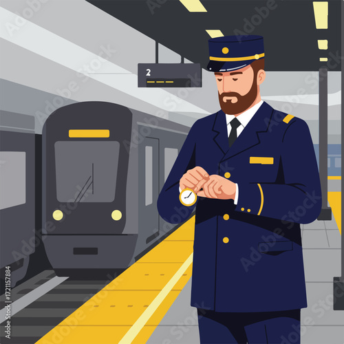 Train conductor checks watch, train arriving at platform number two