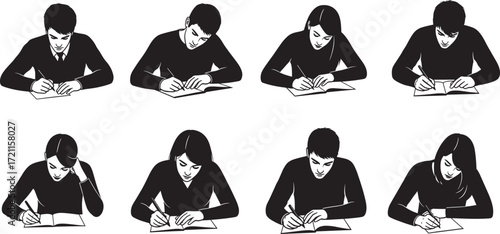 WebStudents writing at desks, exam posture variations, academic concentration, classroom test environment, education concept, study habits, school assessment illustration