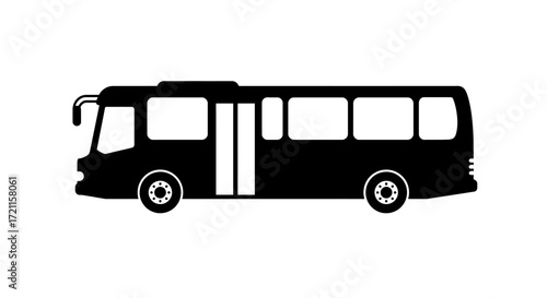 Silhouette of a black bus with white windows and wheels for transportation and travel themes