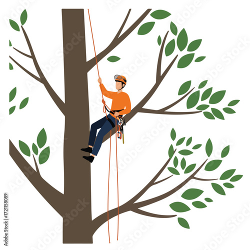 Arborist rappels down large leafy tree with safety gear, vector graphic
