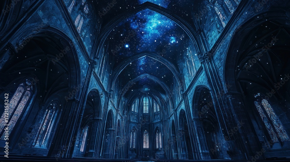 Fototapeta premium Mystical Cathedral Interior with Celestial Ceiling and Architectural Grandeur.