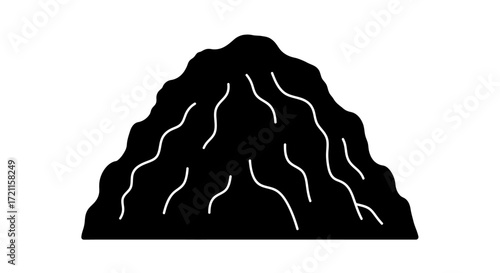 Stylized black volcano silhouette with flowing lava streams for graphic design and projects