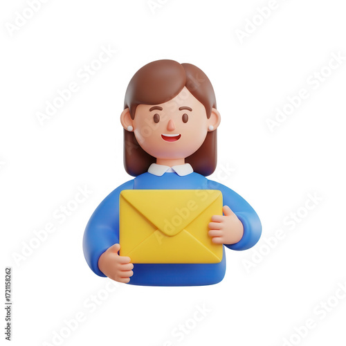 3d woman holding yellow envelope on transparent background