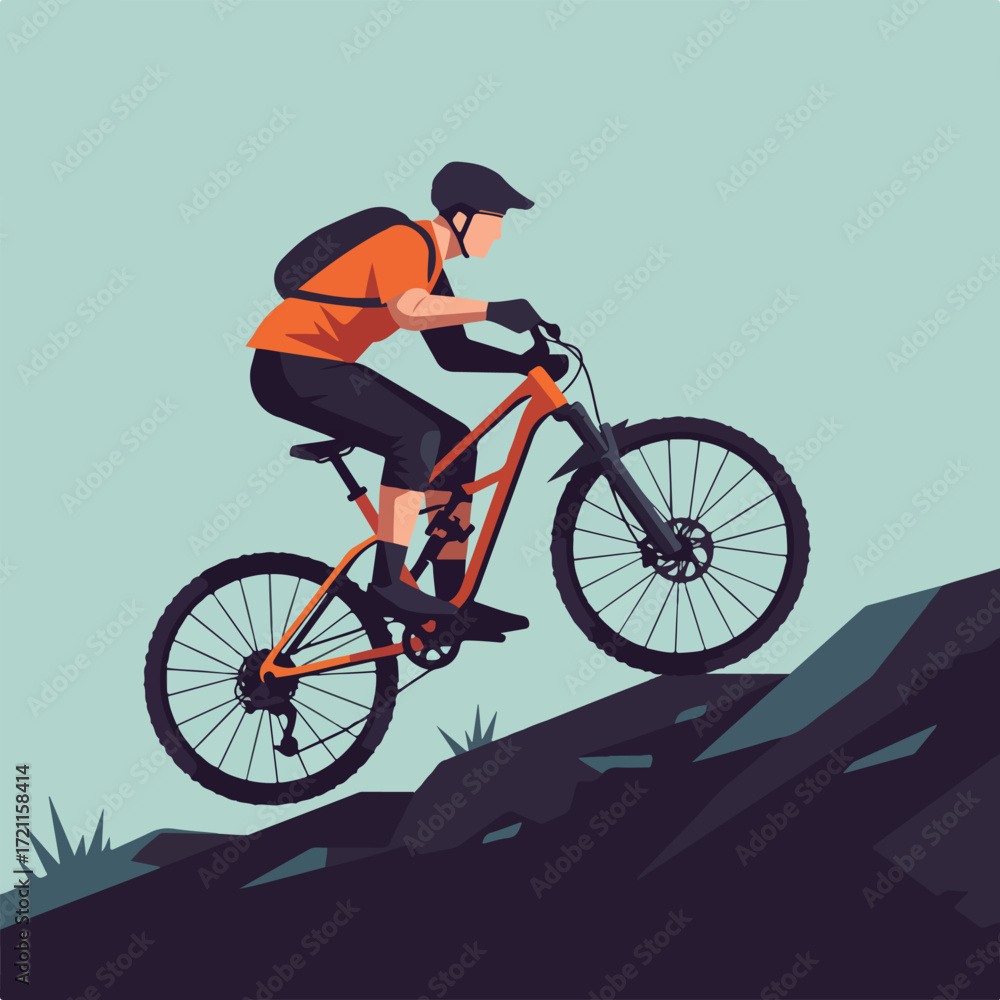 Obraz premium Cyclist riding mountain bike uphill on rocks with light blue background