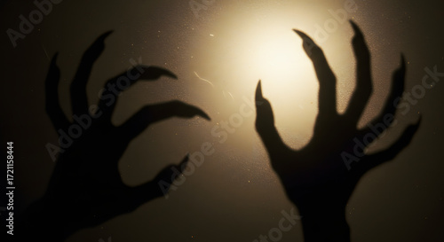 A terrifying shadow puppet of monster hands, with intentional film grain and soft focus creating a vintage horror aesthetic perfect for Halloween projects and spooky blogs.