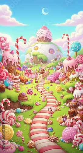 A whimsical, colorful candy-coated landscape with a winding path through a land of sweets.