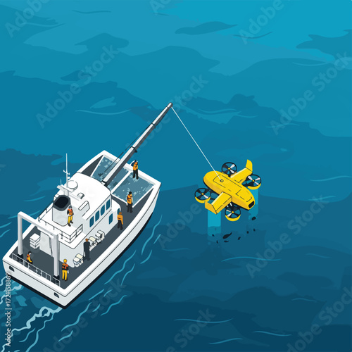 White boat lowers yellow drone into dark blue ocean with people