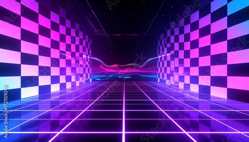Neon Checkerboard Corridor with Synthwave Vibes