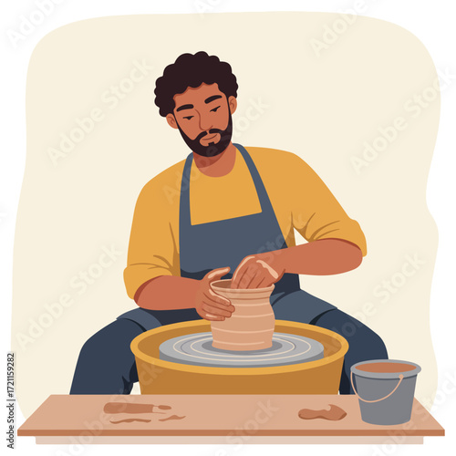 A potter shapes clay on a wheel, wearing apron, with tools and bucket nearby
