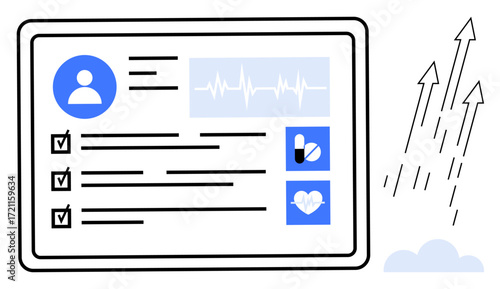 Medical dashboard with user profile, checklist, vital stats, pills icon, heart symbol, and progress arrows. Ideal for healthcare, telemedicine, wellness tracking diagnostics tech interfaces data