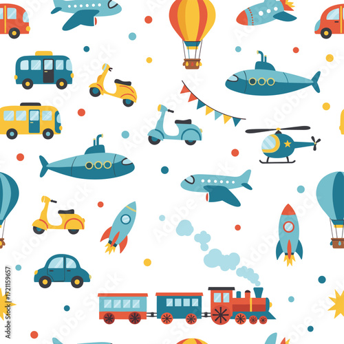 A seamless pattern of diverse vehicles and transportation modes in pixel art style.