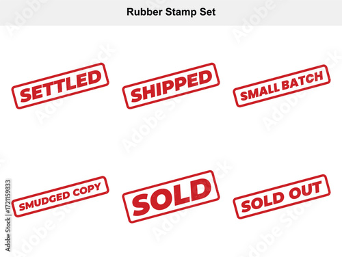 Red Rubber Stamp Set with Business Words, Settled, Shipped, Sold on White Background