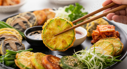 Close Up of Zucchini Jeon with Chopsticks