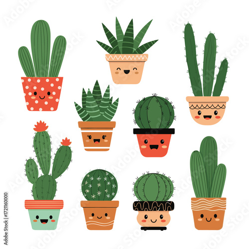 A charming collection of cute cartoon succulent plants in decorative pots.