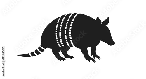 Silhouette of an armadillo with stripes on its shell and tail against a