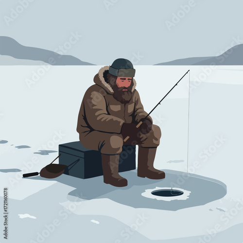 A man ice fishing in a wintry landscape