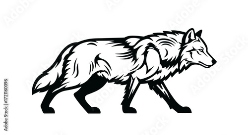 Detailed black and white sketch of a majestic wolf in profile walking side view