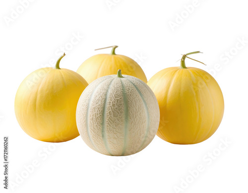 Four cantaloupe and honeydew melons, various shades of yellow and cream,  grouped close together