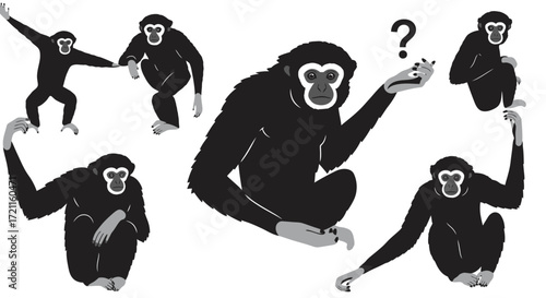 Collection of dynamic gibbon monkey poses silhouettes hand drawn style black and white