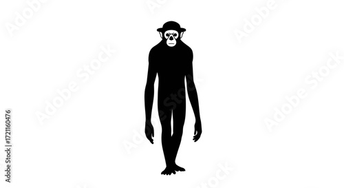 Whimsical silhouette monkey character wearing a hat standing tall and elegant