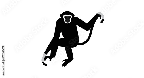 Silhouette of a gibbon monkey swinging by its arm isolated on a white backdrop