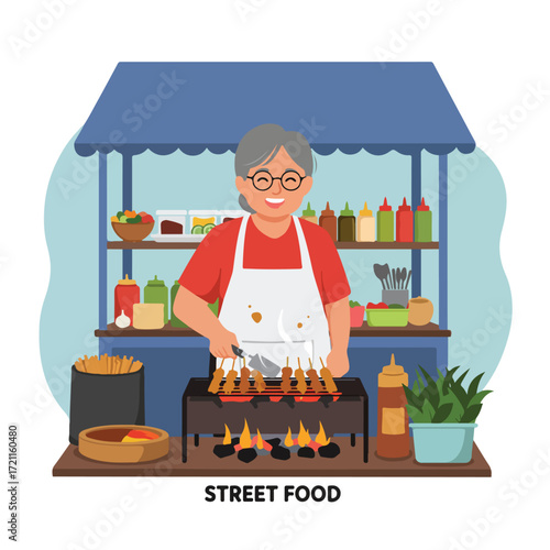 Woman grills skewers at a street food stall, stocked with condiments and ingredients