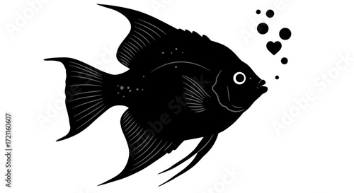 Striking black angelfish silhouette with bubbles aquatic life underwater scene