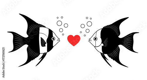 Two angelfish face each other with a heart and bubbles symbolizing love