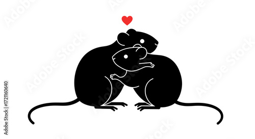 Cute black rats embracing with red heart symbol above romantic love symbol