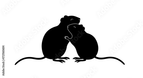 Adorable silhouette of two rats embracing symbolizing love friendship and companionship with long tails