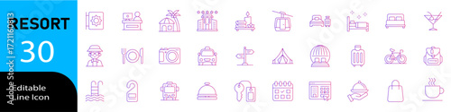 Resort icon set in line vector style with modern minimal design showing vacation, hotel, beach, holiday, travel, relaxation, luxury, tourism, tropical and leisure lifestyle concepts