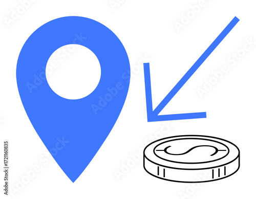 Blue location pin, downward arrow, and coin. Ideal for finance, location services, economic trends, budgeting, investments geo-targeting business solutions. Simple flat metaphor