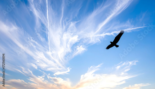 A bird soars across a bright blue sky filled with wispy, feather-like clouds, illuminated by the sun near the horizon.