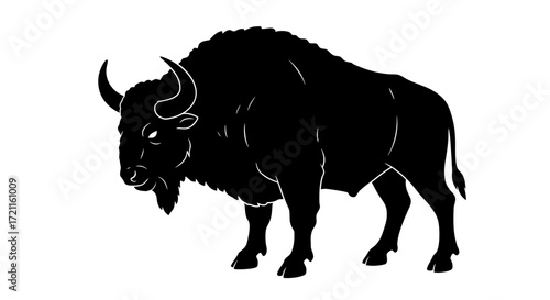 Powerful black bison silhouette majestic wildlife animal art isolated on white